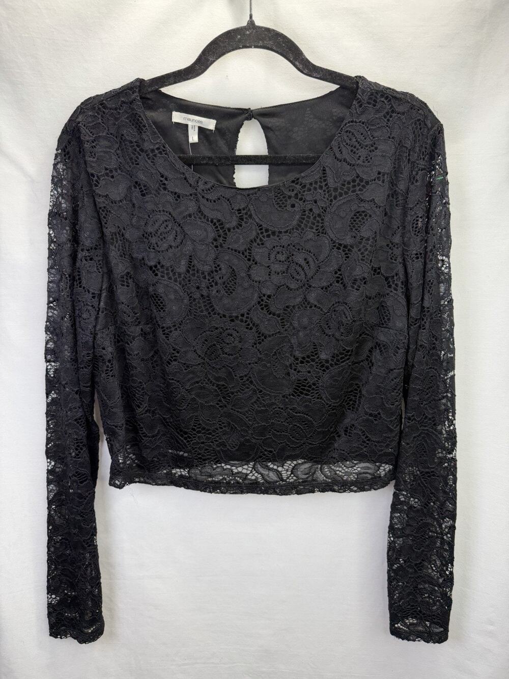 NWT Maurices Women’s Black Long-Sleeve Lace Crop Top Size L Lined
